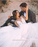 Runhufu V-Neck A-Line Simple Wedding Dresses Spaghetti Straps Lace Appliques Tulle Princess Bridal Gowns Custom Made