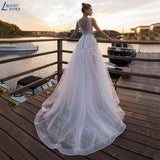 Runhufu V-Neck Wedding Dress Lace Appliques Sleeveless Tulle Sweep Train Robe De Mariée Bohème Back Buttons Bridal Gown Bride