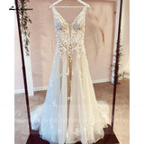 runhufu V Neck Lace Appliques Wedding Dresses Champagne Bridal Gowns A Line Wedding Gown estido de noiva praiano