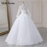 runhufu Video Cheap Luxury Pearls Ball Gowns O-Neck Off White Tulle Bridal Dress For Wedding Dresses with Sleeve Plus Size Custome