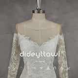 Runhufu Real Picture O-Neck Appliques Long Sleeves Crepe Mermaid Wedding Dress Illusion Back Court Train Bridal Gown