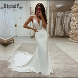 Runhufu V-neck Lace Mermaid Wedding Dress Spaghetti Strap White Simple Bridal Gown Sweep Train Open Back Vestidos De Novia 2024