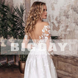 Runhufu A-Line Wedding Dress Women Open Back V-Neck Lace Long Sleeve Side Split Tulle Bridal Gown Sweep Train Vestidos De Noiva