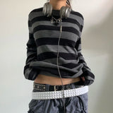 Runhufu Women Fairy Grunge Knit Basic Shirt Autumn Y2K Grey Black Striped Long Sleeve Round Neck Tops Emo Tee