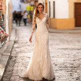 Runhufu Long Sleeve Lace Mermaid Wedding Dresses Gorgeous V-Neck Tulle Bridal Gown For Women With Button Back Sweep Train Customize