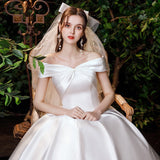 runhufu New Satin Wedding Dress Simple Boat Neck Short Sleeve Ball Gown Plus Size Custom Made Bridal Dress Vestido De Noiva