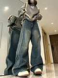 Runhufu Vintage High Waist Streetwear Style Blue Jeans Pants Korean Fashion Women's Wide Leg Striped Denim Trouser Female Clothes