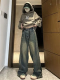 Runhufu Vintage High Waist Streetwear Style Blue Jeans Pants Korean Fashion Women's Wide Leg Striped Denim Trouser Female Clothes