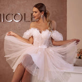 Runhufu Sweetheart Mini Wedding Dress Short For Bride Beach Tulle Off The Shoulder Bridal Gown Sexy Backless Vestidos De Novia