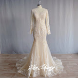 Runhufu Gorgeous Long Sleeve Lace Mermaid Wedding Dress Illusion Tulle Bridal Gown With Button Back Sheer O-Neck Sweep Train