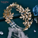 Runhufu Alloy Leaf Tiara for Woman Pearls Bridal Headband Wedding Hair Accessories Handmade Girl Headpiece with Organza HP353