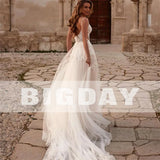 Runhufu A-Line Wedding Dresses Women 2024 Lace V-Neck Open Back Spaghetti Straps Tulle Bridal Gown Sweep Train Vestidos De Noiva