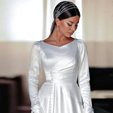 Runhufu Elegant Satin Garden A Line Wedding Dress For Women 2023 Buttons Front Bride Gowns Long Sleeve Simple Vestido De Mariages