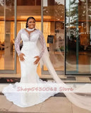 Runhufu Plus Size Arabic Sheer Neck Mermaid Wedding Dresses Sexy Long Sleeves Lace Beaded Bridal Gowns Vestidos De Novia