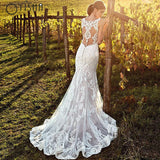Runhufu New Sexy V-Neck Tulle Lace Bride Mermaid Wedding Dress Appliques Backless Sleeveless Customized Button Boho Sweep Train