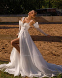 Runhufu Sweetheart Neckline A-Line Wedding Dresses Spaghetti Straps Long Sleeves Beach Bridal Gown Vestido Noiva