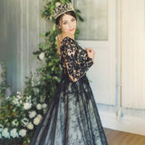 Runhufu Black Gothic Appliqued Wedding Dress Drop Ship Plus Size Open Back Custom Made Tulle Puffy Princess Lace Bridal Ball Gown