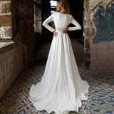 Runhufu Simple Satin Bridal Gowns Deep V-Neck Long Sleeves Wedding Dresses For Women 2023 Lace Appliques A-Line vestidos de noiva