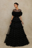 Runhufu Throught Black Tulle Ball Gown O-neck Woman Clothes A-line Evening Dresses For Women Ruffled Prom Dress Short Sleeve Gown