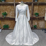 Runhufu Elegant Satin Garden A Line Wedding Dress For Women 2023 Buttons Front Bride Gowns Long Sleeve Simple Vestido De Mariages