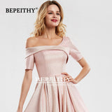 runhufu Robe De Soiree One Shoulder Short Sleeves Long Evening Dresses Pink Glitter Prom Dress 2023 Vestido De Fiesta De Boda