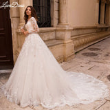 Runhufu Princess V-Neck Wedding Dress Long Sleeve Lace Up Appliques Ball Gown Luxury Bride Gown Backless Train Robe de mariée