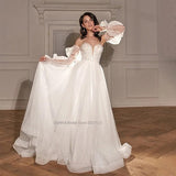 Runhufu Sweetheart Beach A-Line Wedding Dresses Long Puff Sleeves Lace Appliques Bridal Gowns Vestido De Noiva