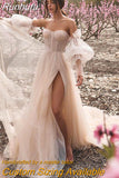 Runhufu Pink Boho Wedding Dress Detachable Puff Sleeve Bridal Dresses Sparky Pleat Side Split Wedding Gowns Beach Sweetheart vesti