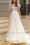 Runhufu O-Neck A-line Wedding Dresses Puff Sleeve Flower Open Back Floor Length Appliques Bridal Gown Vestidos De Novia