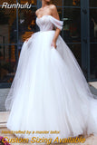 Runhufu Puffy Tulle Princess Wedding Dresses Off Shoulder Beading Sweetheart Short Sleeve White Ball Gown Vestido de Noiva