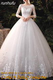 runhufu Neck Wedding Gown With Train 2023 New Three Quarter Sleeve Lace Up Bridal Ball Gown Robe De Mariee Vestido De Noiva