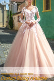 Runhufu Blush Pink Wedding Dresses Long Sleeves A Line Vestido De Noiva 2023 Scoop Lace Appliques Bridal Married Wedding Gowns