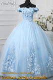 runhufu Novias New Fashion Blue Off Shoulder Quinceanera Dresses Sweet Party Prom Dress Luxury Lace 3D Flowers Ball Gown Vestidos