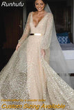 Runhufu Glitter Two Pieces Wedding Dresses With Deatachable Coat Gold Sash 2023 Puff Long Sleeves V Neck Bride Gowns