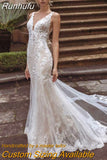 Runhufu V-Neck Wedding Dress Lace Appliques Backless Sexy Mermaid Bride Gown Tulle Zipper Button Court Train Vestidos De Noiva