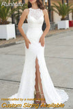 Runhufu Lace Applique Halter Mermaid Wedding Dresses 2023 For Women Custom Sexy Front Slit Backless Puff Sleeve Bridal Dress