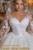 Runhufu Retro Shiny Wedding Dress A-Line Sequin Lace Applique Illusion Neck Long Sleeve Sexy V-Neck Women's Bridal Dress Vestidos