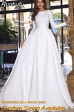 Runhufu Satin Princess Wedding Dresses Long Sleeve Backless Caftan Elegant Bride Dress Vestido De Noiva Muslim Wedding Gowns