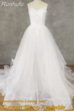 Runhufu Real Picture Elegant Strapless Sleeveless Tulle A-Line Wedding Dress Lace Up Back Appliques Court Train Bridal Gown