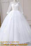 runhufu Video Cheap Luxury Pearls Ball Gowns O-Neck Off White Tulle Bridal Dress For Wedding Dresses with Sleeve Plus Size Custome