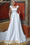 Runhufu Square Collar A-Line Satin Wedding Dresses Short Sleeve Floor Length Princesse Bridal Gowns Custom Size