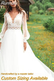 Runhufu Long Puff Sleeve V-Neck Wedding Dress Backless Appliques Tulle White Robe De Soirée De Floor Length Bridal Gowns For Women