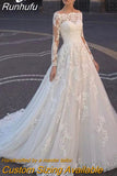 Runhufu Long Sleeve Wedding Dress A-Line 2023 Boat Neck Lace Appliques Sweep Train Chiffon Long Civil Bridal Gown With Button