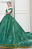 Runhufu New Performance Quinceanera Dresses Off The Shoulder Green Dream Dress Prom Dress Big Train Bling Ball Gown Dresses