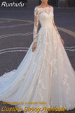 Runhufu NICEB Boat Neck Lace Wedding Dress Appliques Long Sleeve Bridal Gown With Button Vestidos De Noiva Mariage Custom Made