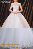 Runhufu O Neck Short Sleeve Wedding Dress Shining Sequins Wedding Gown Plus Size Lace Bridal Dress Vestido De Noiva Robe Mariage