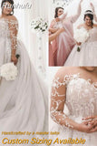 Runhufu Size A Line Wedding Dresses White For Women Big vestido de novia Long Sleeves Tulle Appliqued Lace Beads Pearls Court Train