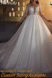 Runhufu Glitter Lace Wedding Dresses Shiny Off Shoulder Long Sleeves Striped Bridal Gowns Sparkly Bride Party Sequins Sprayed Tul