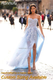 Runhufu Line Sky Blue Wedding Dresses Off Shoulder Sweetheart Beaded Lace Appliques High Split Tulle Boho Wedding Gowns