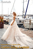 Runhufu Applique 3D Flowers Backless Wedding Dresses Off the Shoulder V-neck Straps Court Train Tulle Bridal Gowns